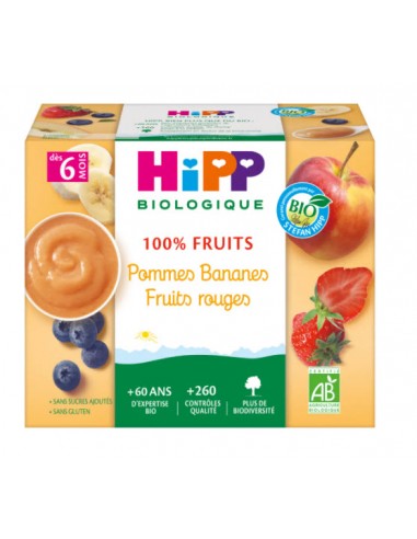 HIPP BIOLOGIQUE 100% fruits Compote Pommes Bananes Fruits Rouges Bio -  4x100 g - Dès 6 mois